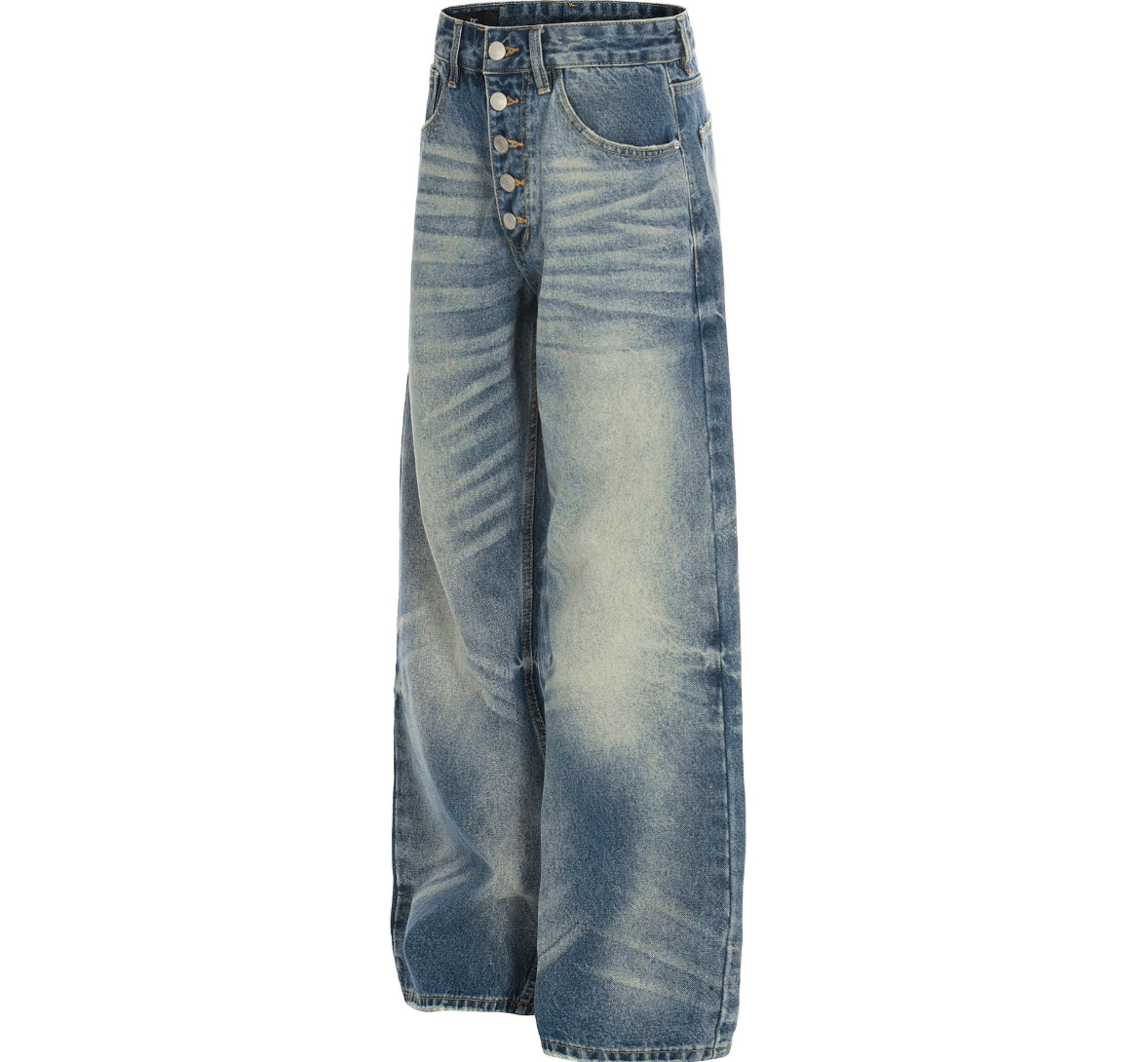 Washed Bamboo-Style Button Design Denim Pants with Faded A-Line Straight Leg