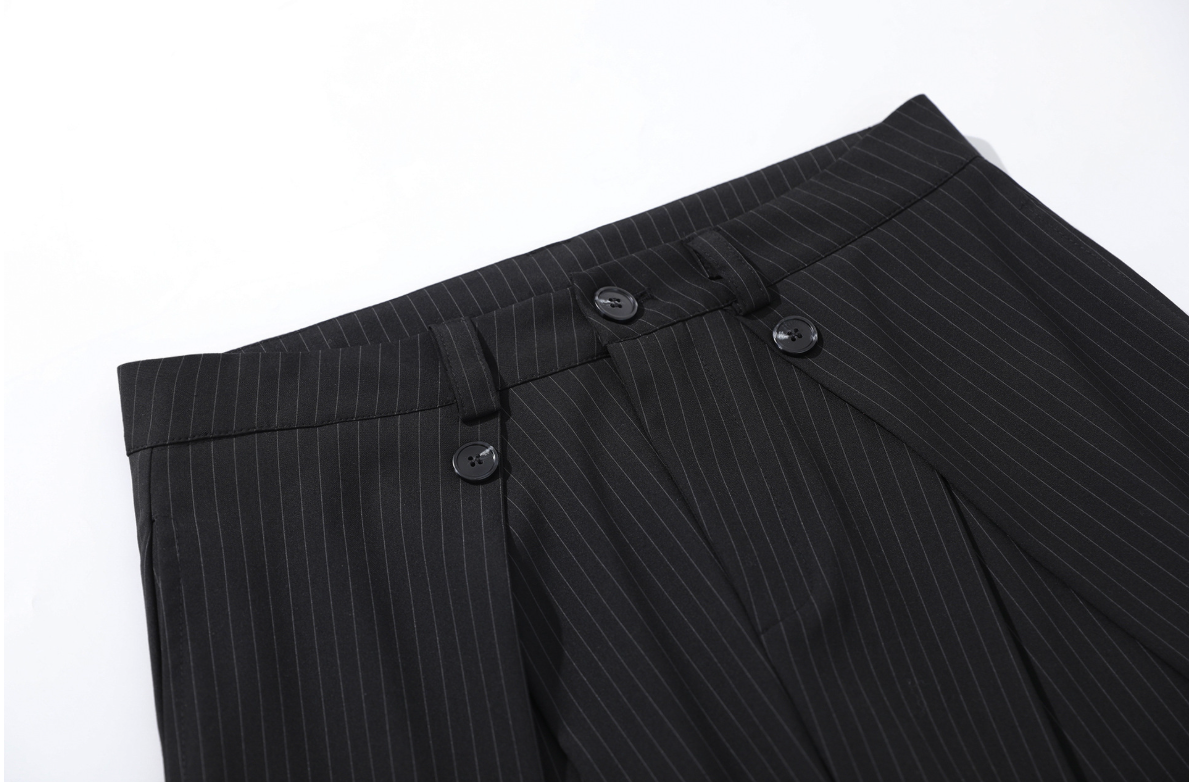 Wrinkled Design Button Casual Striped Trousers