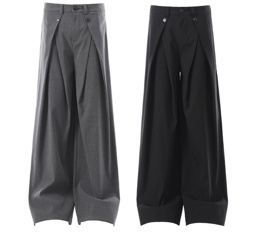 Wrinkled Design Button Casual Striped Trousers