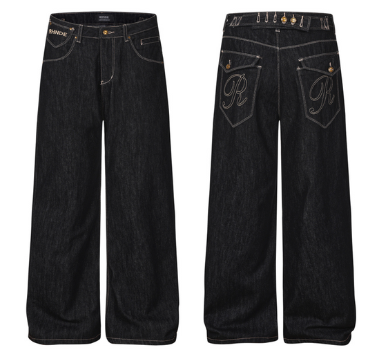 Letter Embroidery Design Bamboo Stripe Paris Buckle Curved Blade Jeans