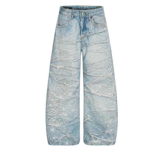 Rhinestone Splash Starry Wash Cat Whisker Denim Wide-Leg Pants