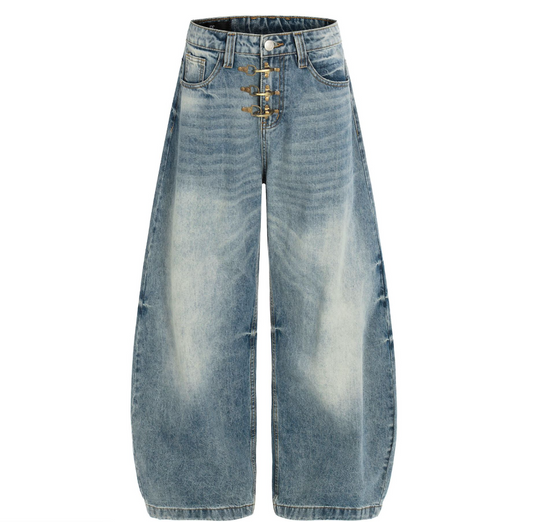 Pleated Button Fly Denim Wide Leg Pants