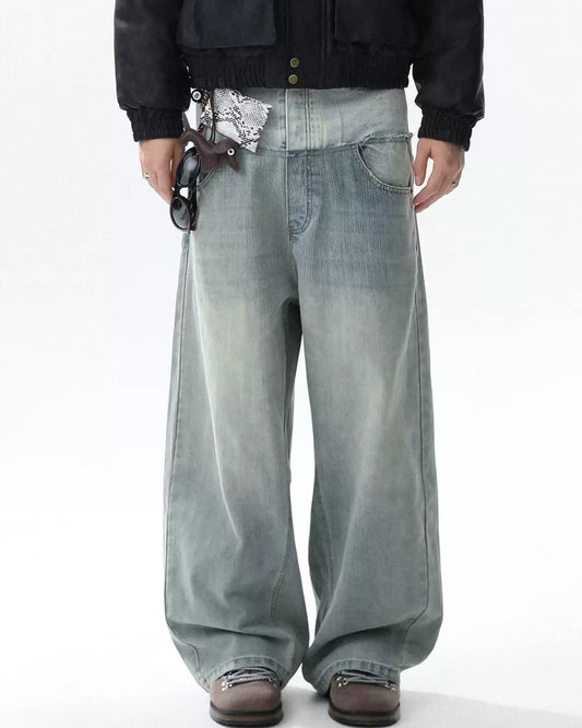Double Layer Distressed Denim Wide-Leg Pants
