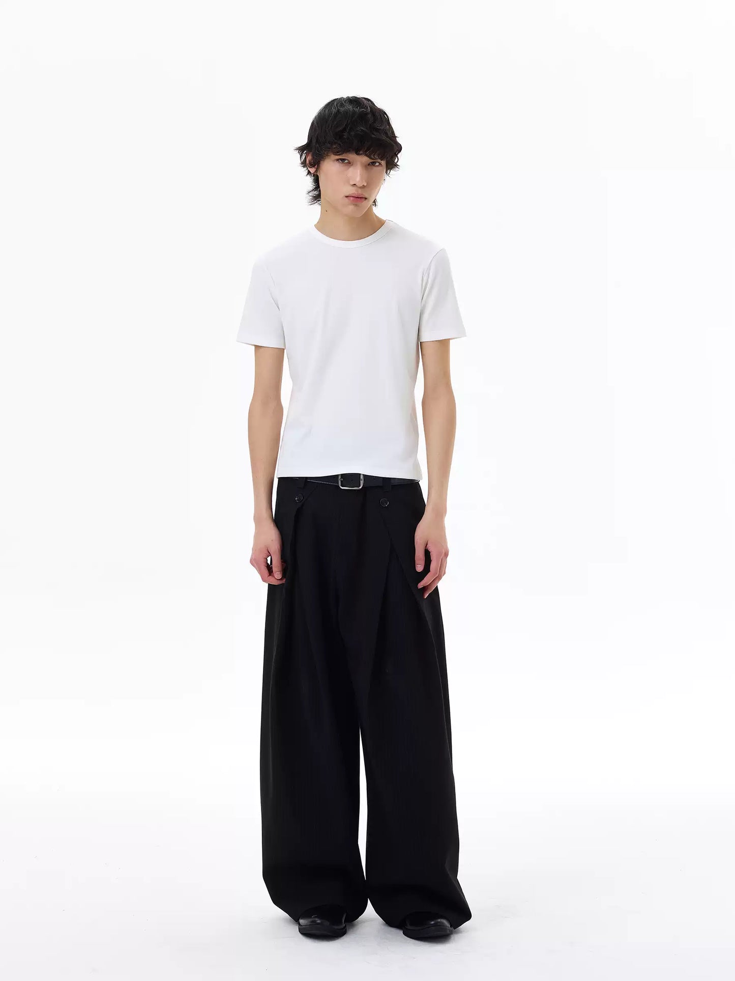 Wrinkled Design Button Casual Striped Trousers