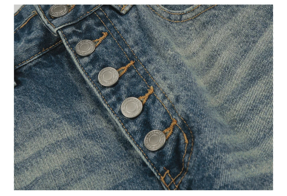 Washed Bamboo-Style Button Design Denim Pants with Faded A-Line Straight Leg