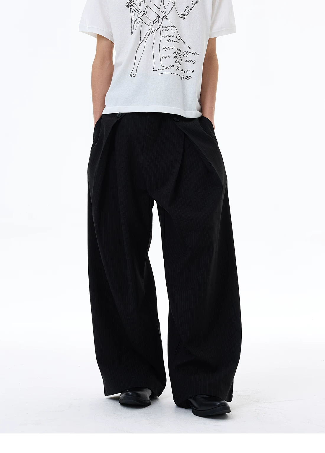 Wrinkled Design Button Casual Striped Trousers
