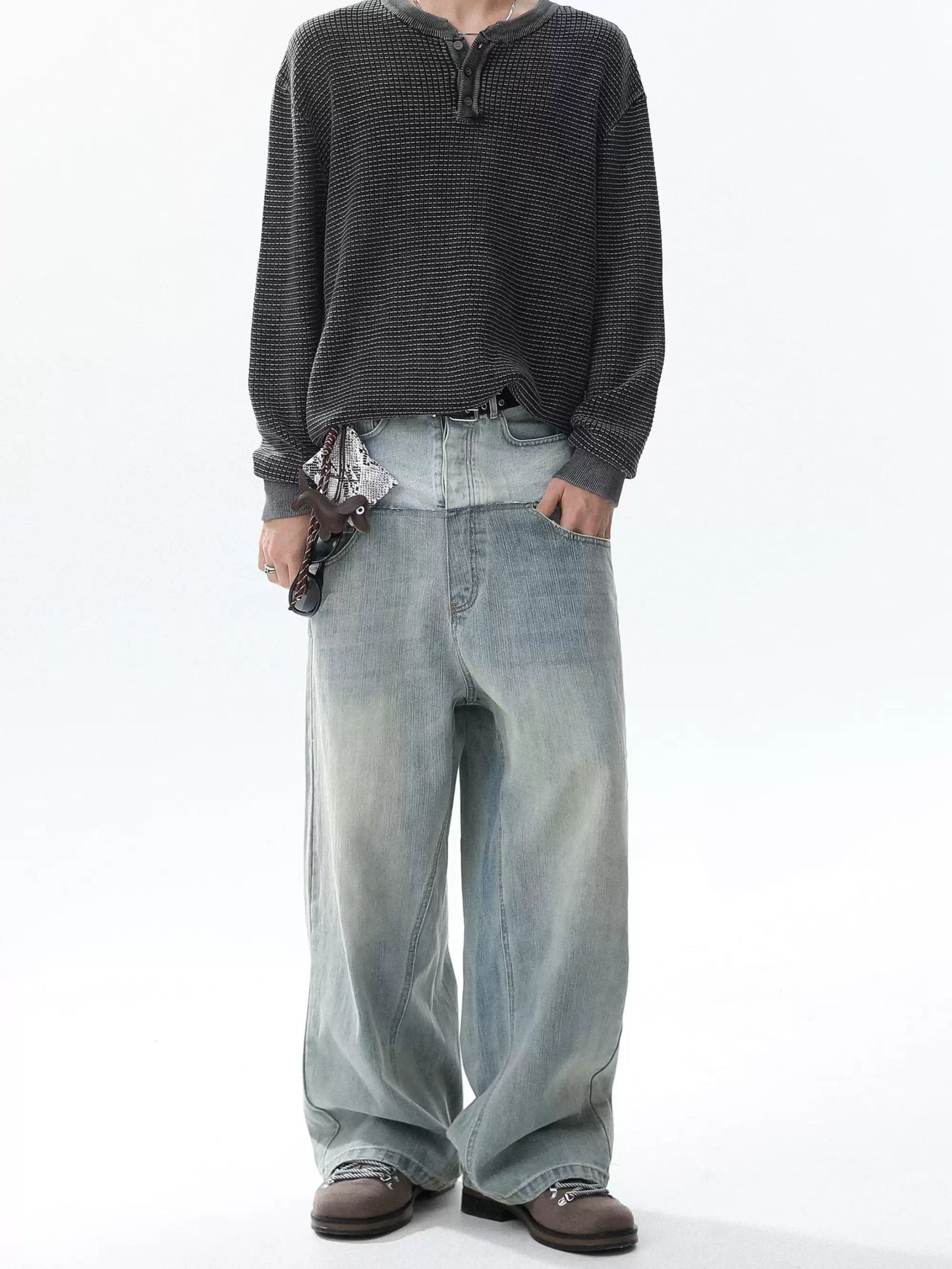 Double Layer Distressed Denim Wide-Leg Pants
