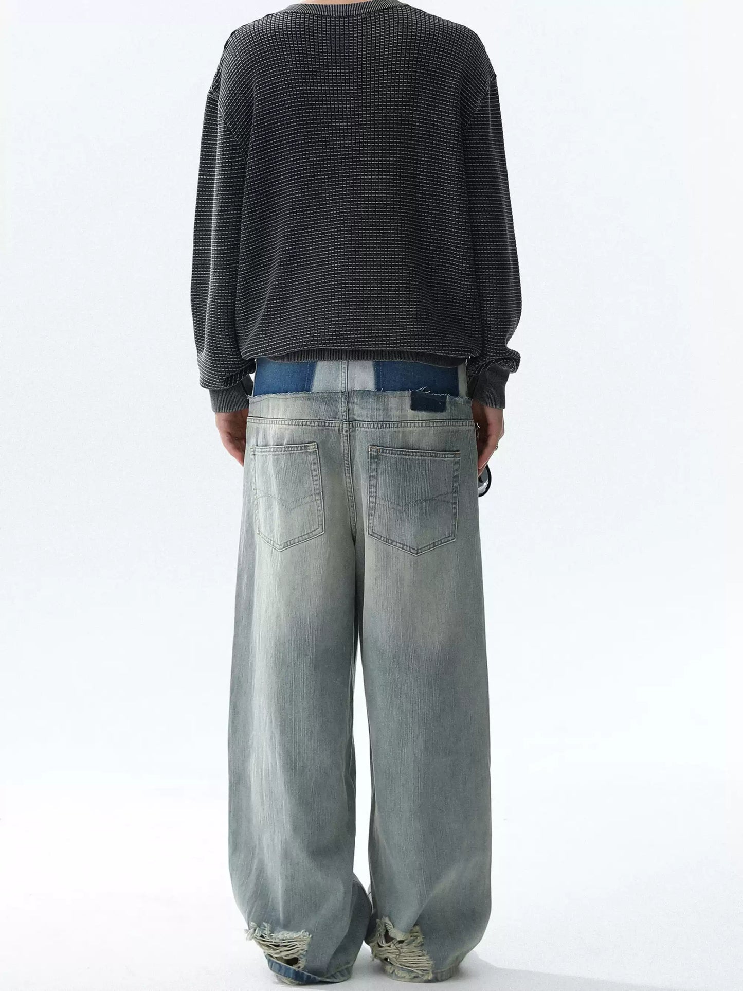Double Layer Distressed Denim Wide-Leg Pants