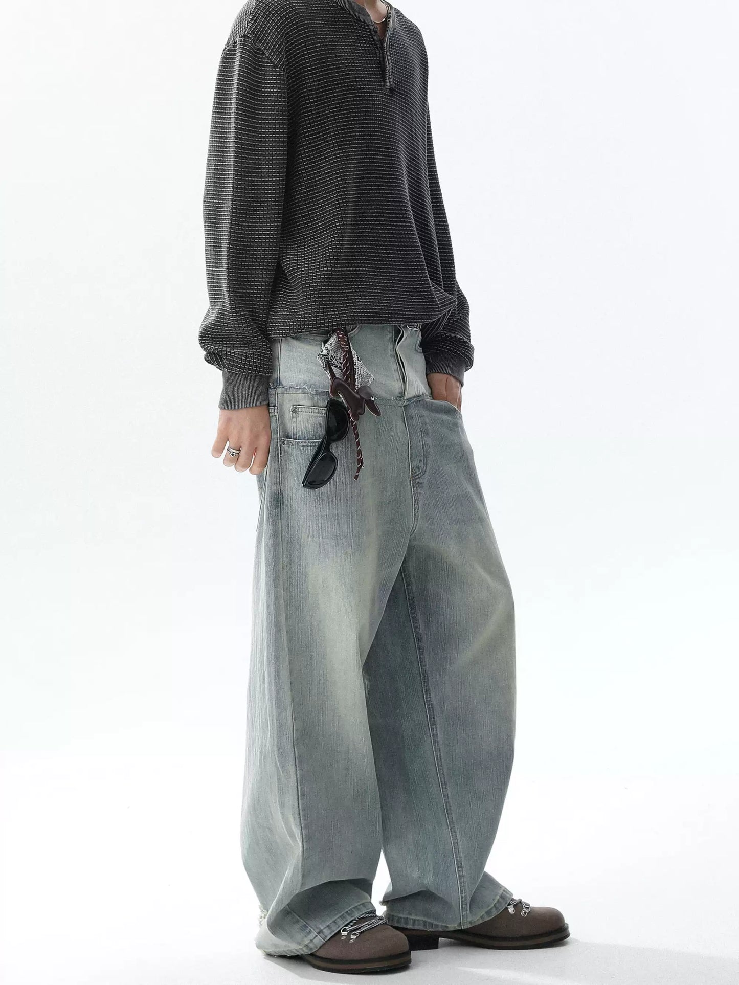 Double Layer Distressed Denim Wide-Leg Pants