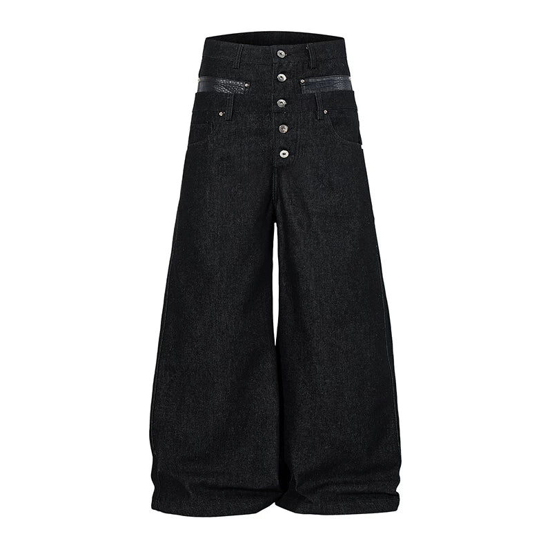 Vintage-Inspired Wide-Leg Denim Pants with Button Detail