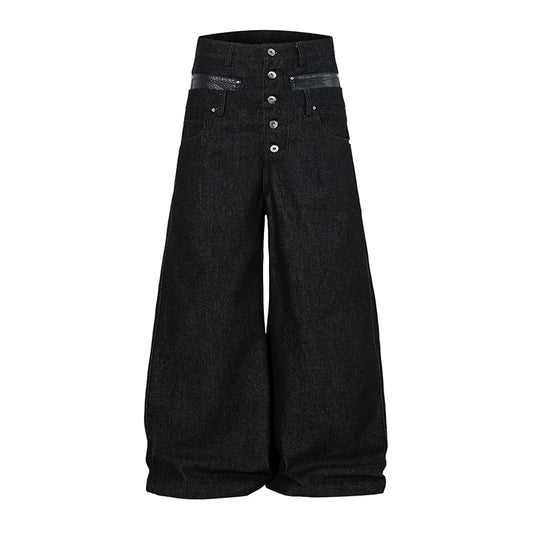 Vintage-Inspired Wide-Leg Denim Pants with Button Detail