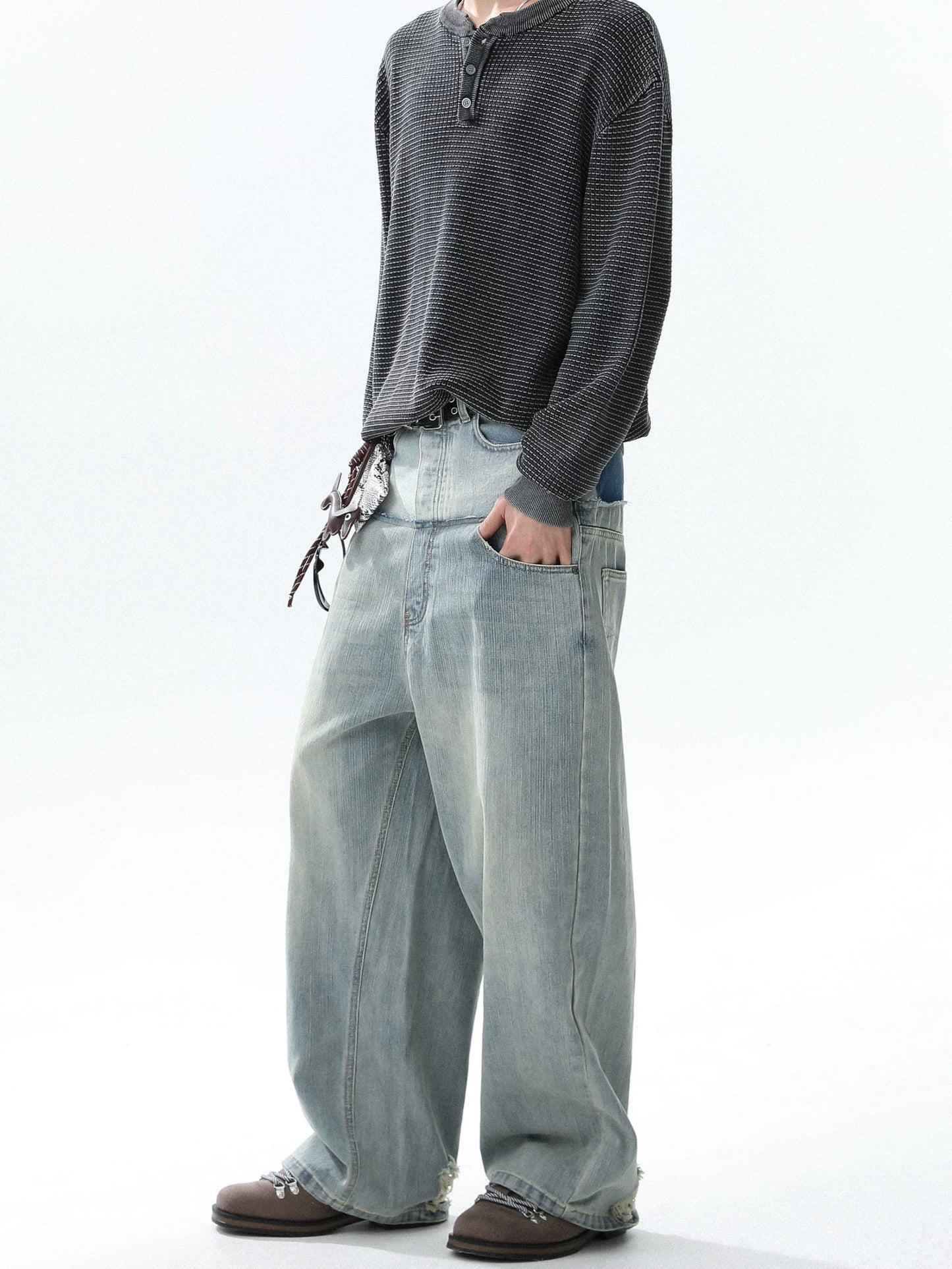 Double Layer Distressed Denim Wide-Leg Pants