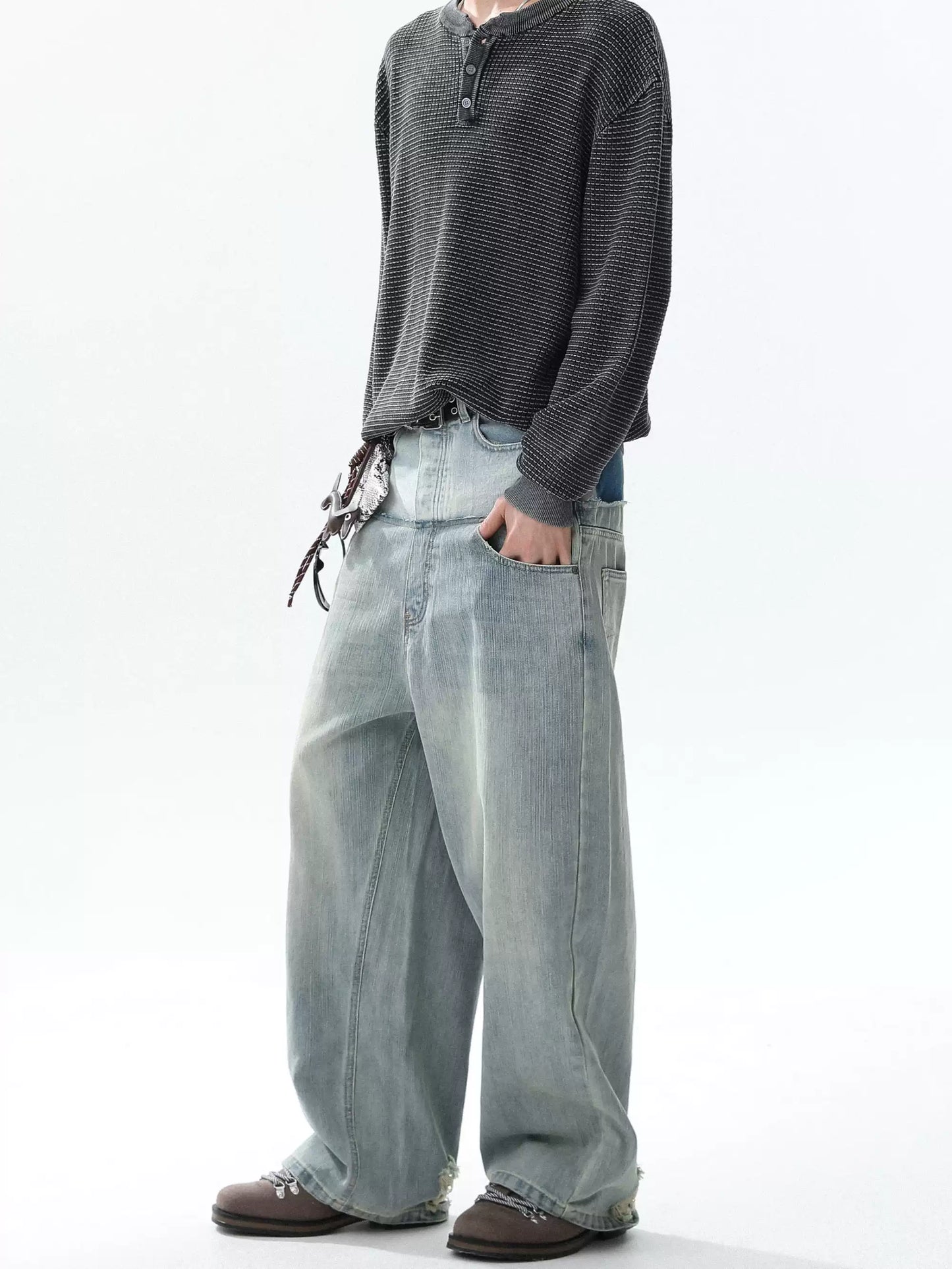 Double Layer Distressed Denim Wide-Leg Pants