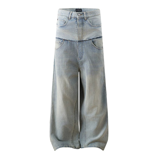 Double Layer Distressed Denim Wide-Leg Pants