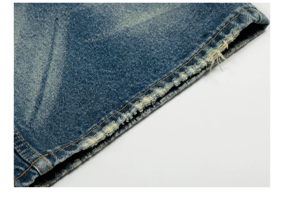 Washed Bamboo-Style Button Design Denim Pants with Faded A-Line Straight Leg