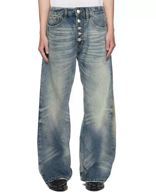 Washed Bamboo-Style Button Design Denim Pants with Faded A-Line Straight Leg