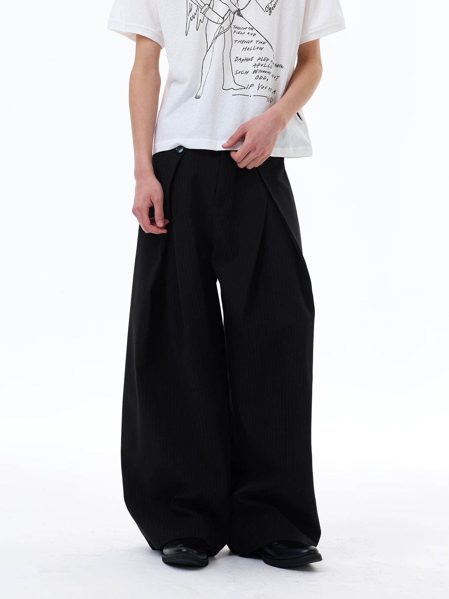 Wrinkled Design Button Casual Striped Trousers