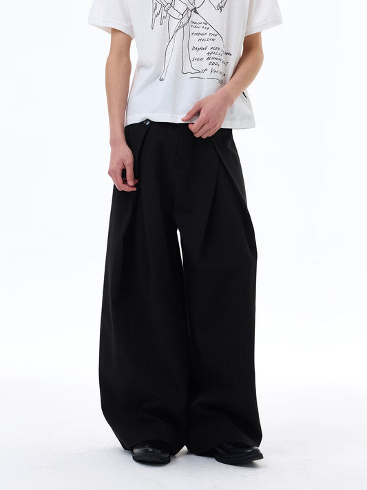Wrinkled Design Button Casual Striped Trousers