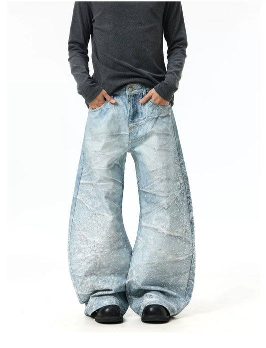 Rhinestone Splash Starry Wash Cat Whisker Denim Wide-Leg Pants