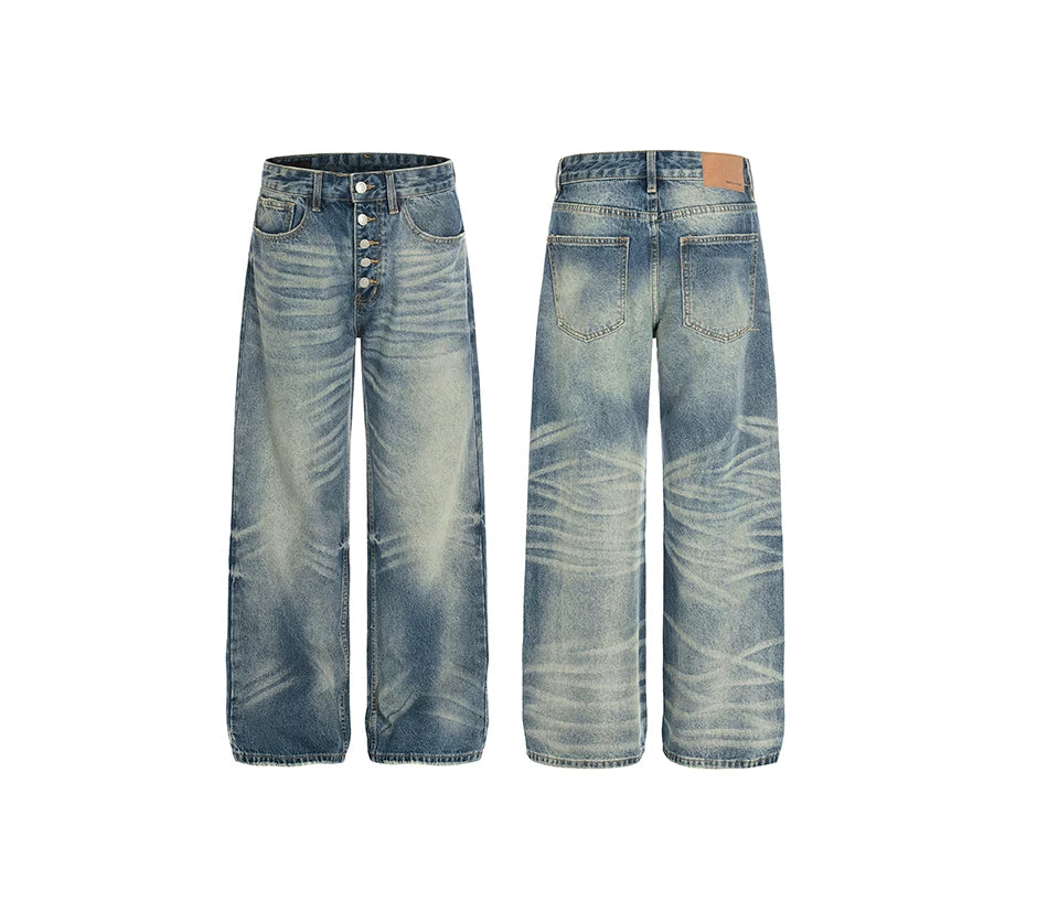 Washed Bamboo-Style Button Design Denim Pants with Faded A-Line Straight Leg
