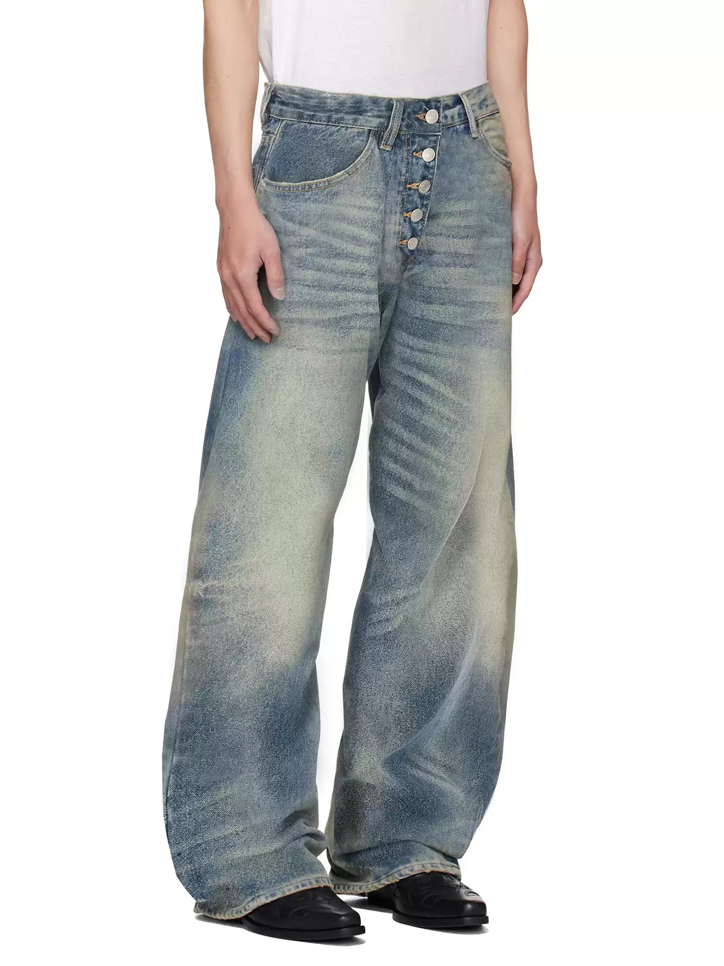 Washed Bamboo-Style Button Design Denim Pants with Faded A-Line Straight Leg