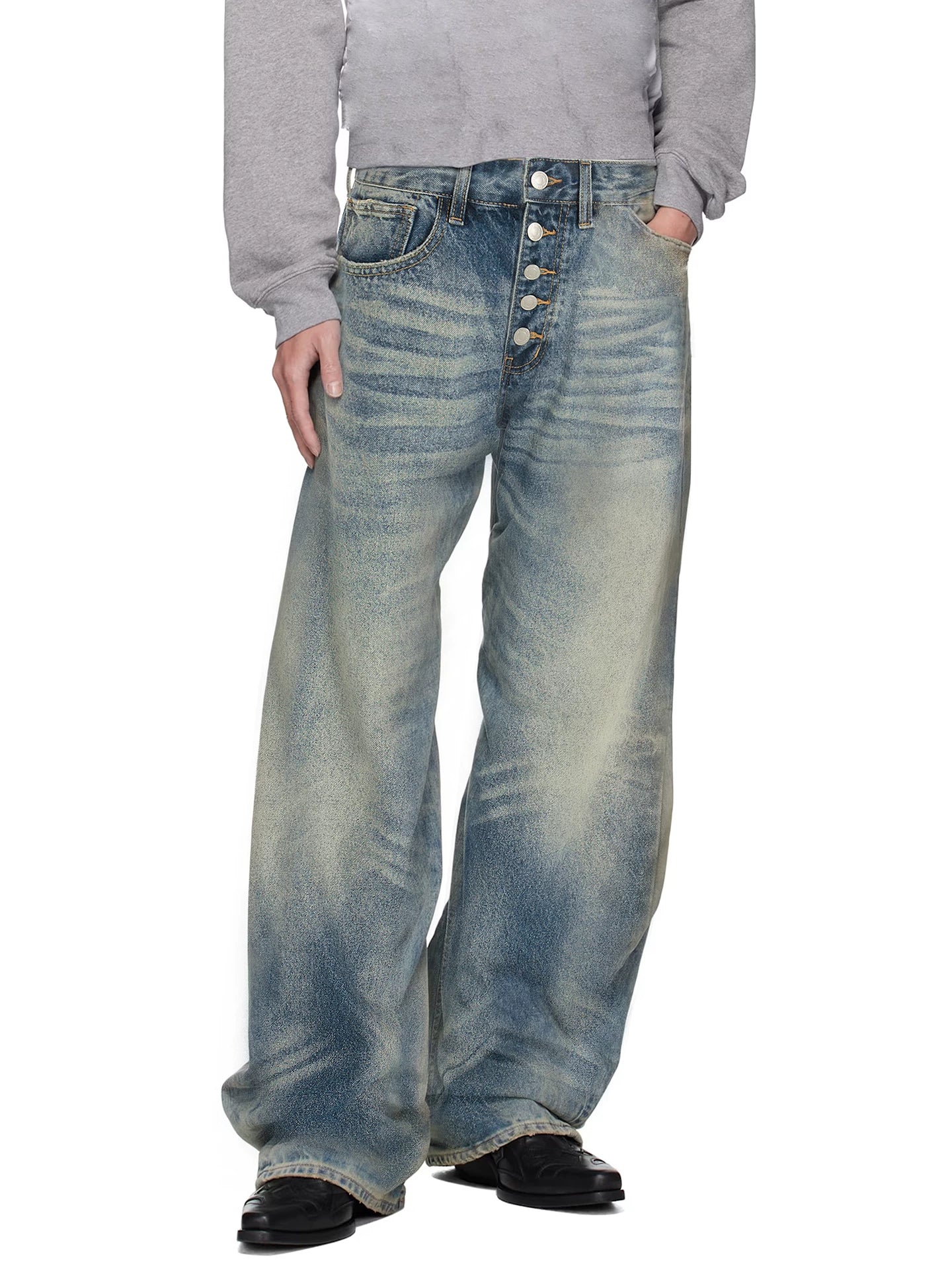 Washed Bamboo-Style Button Design Denim Pants with Faded A-Line Straight Leg