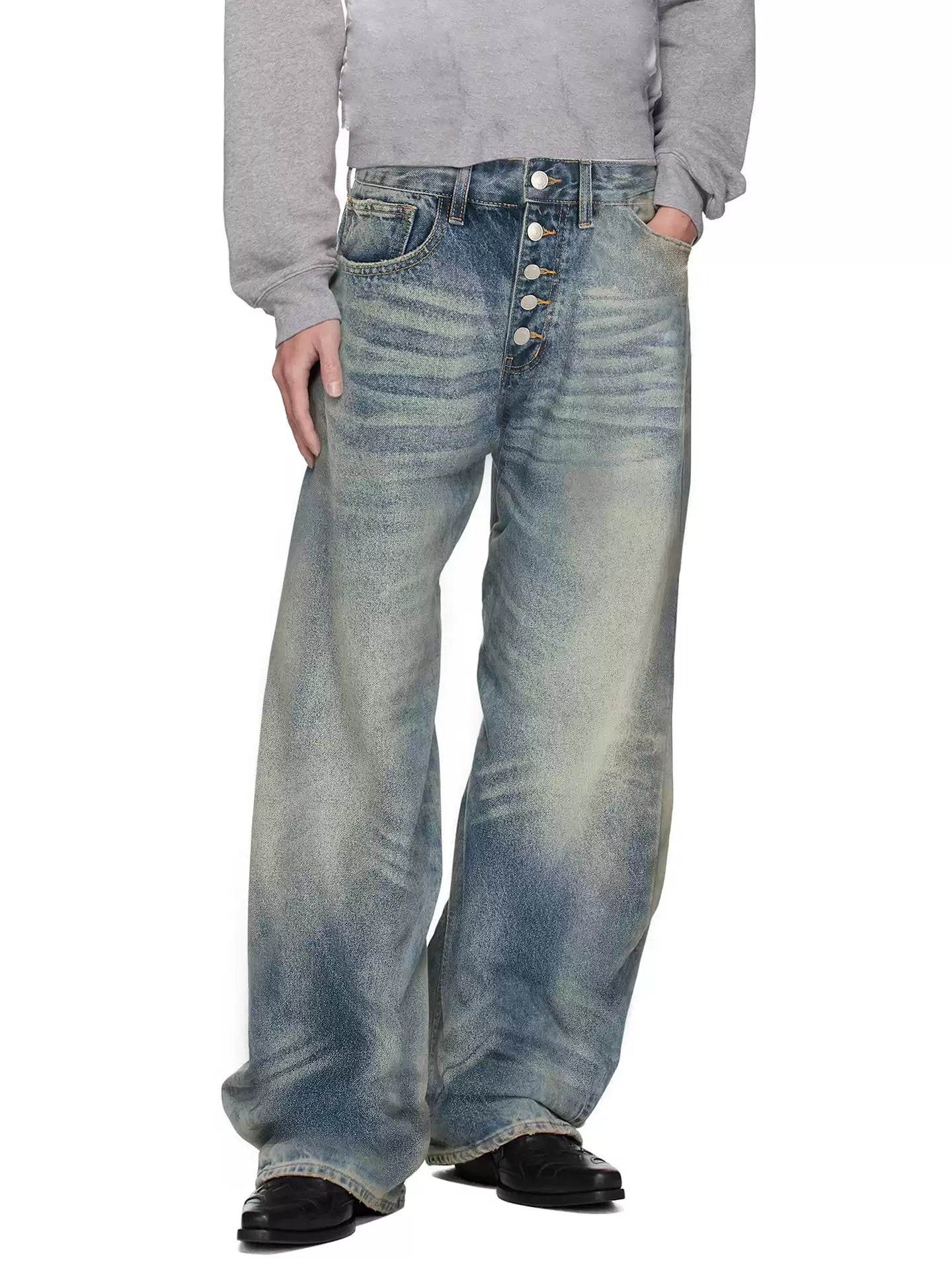 Washed Bamboo-Style Button Design Denim Pants with Faded A-Line Straight Leg