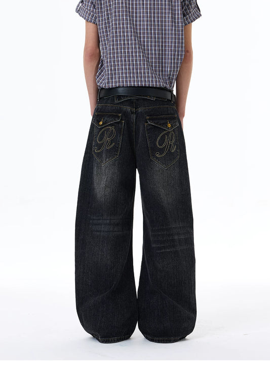 Letter Embroidery Design Bamboo Stripe Paris Buckle Curved Blade Jeans