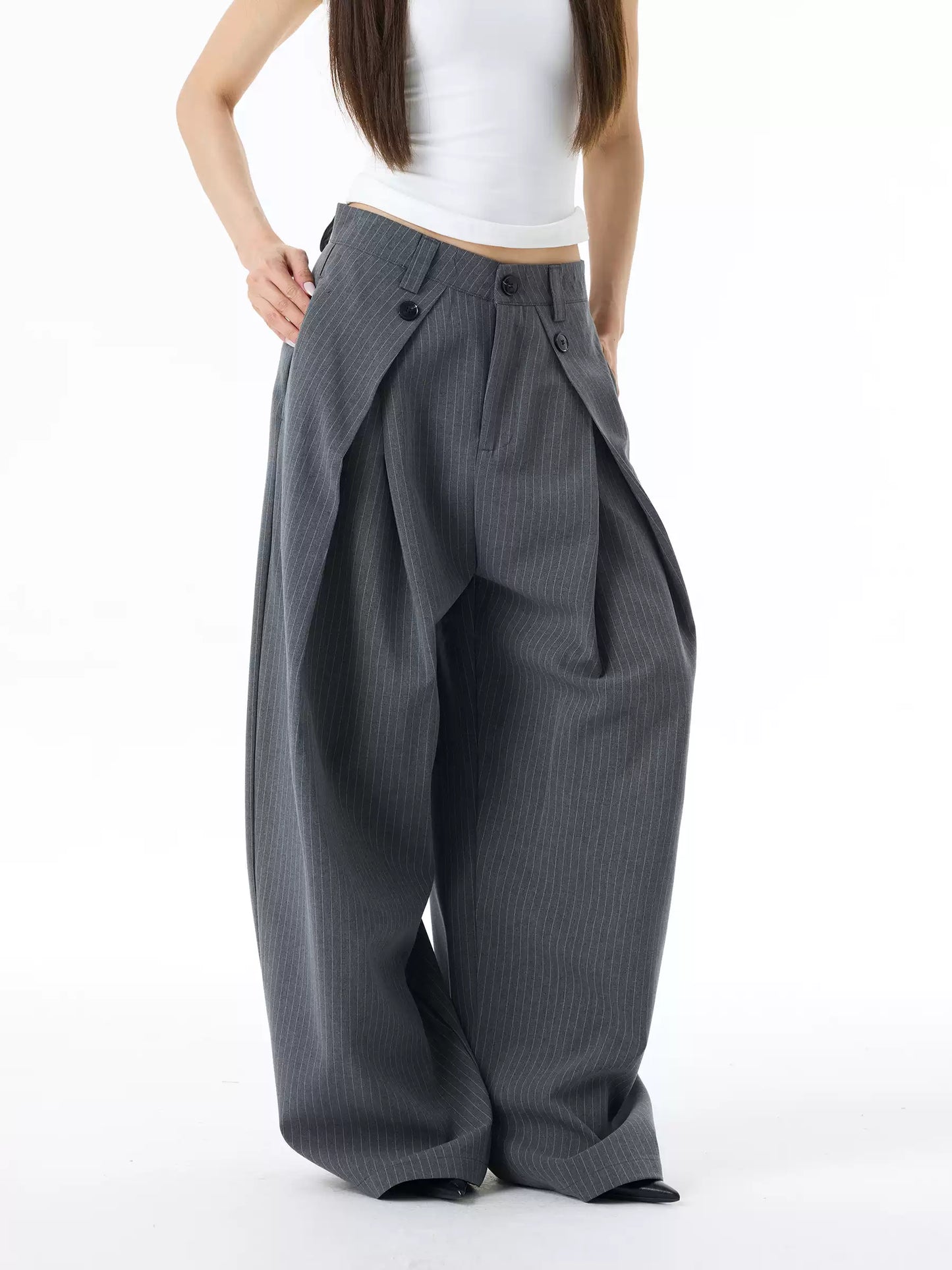 Wrinkled Design Button Casual Striped Trousers