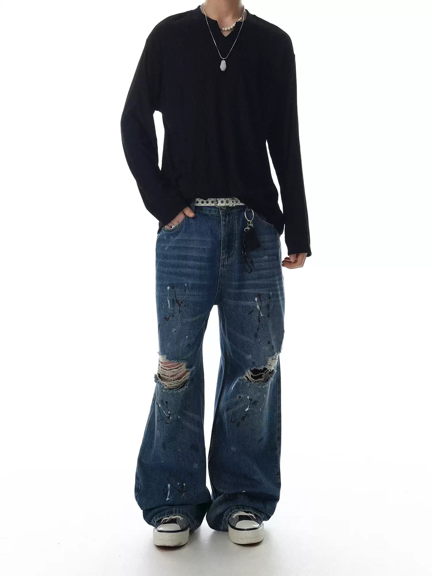 Distressed Straight-Leg Denim Pants