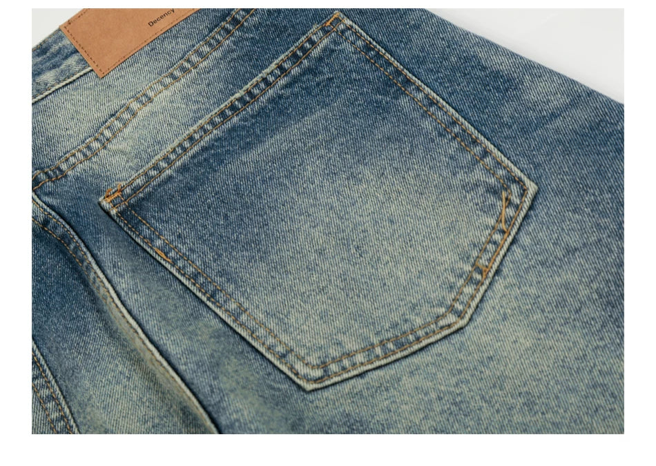 Washed Bamboo-Style Button Design Denim Pants with Faded A-Line Straight Leg