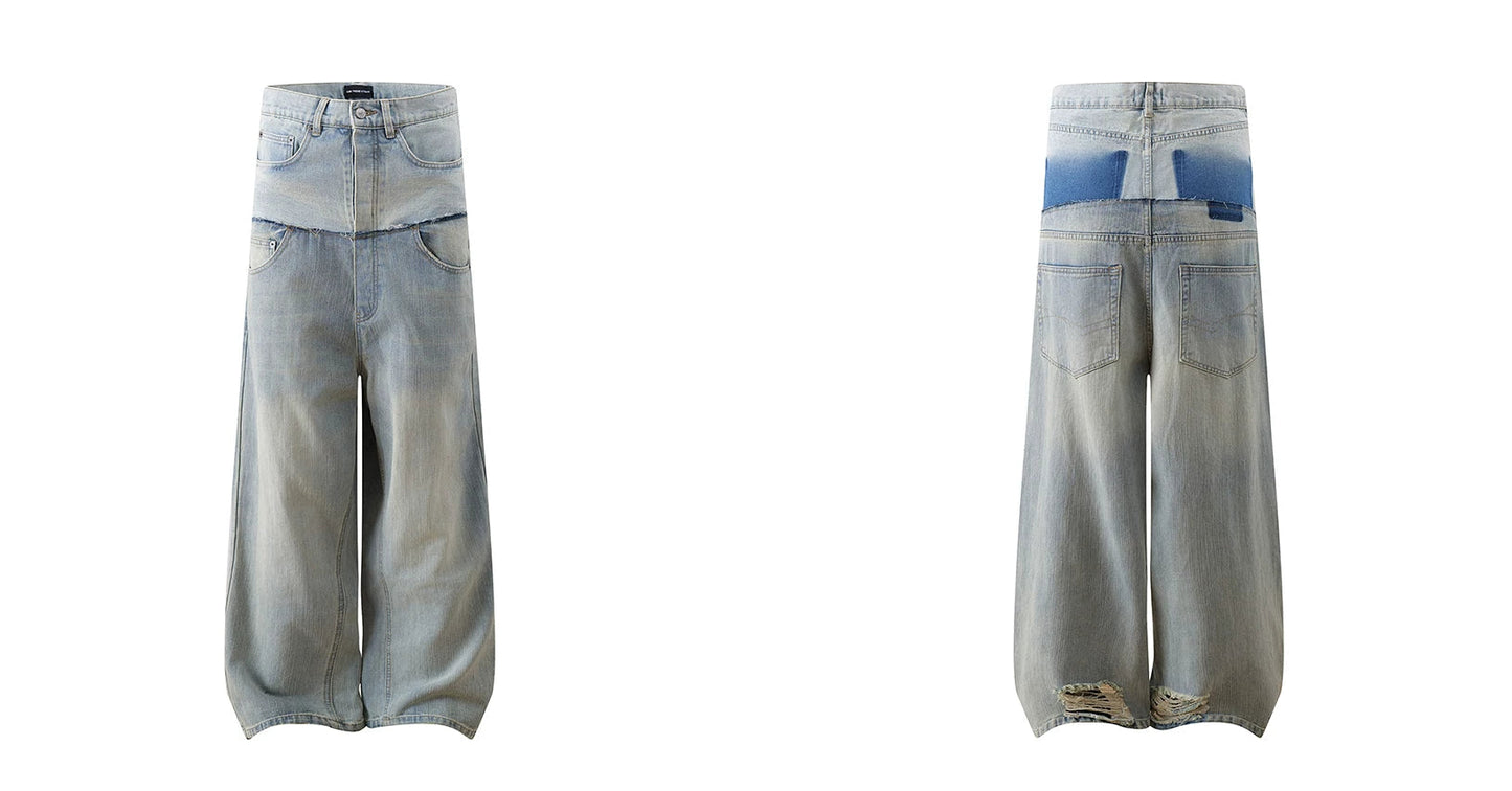 Double Layer Distressed Denim Wide-Leg Pants