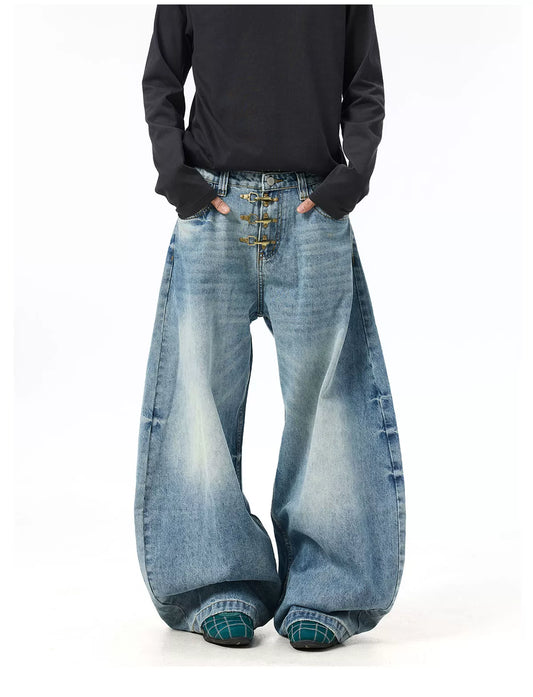 Pleated Button Fly Denim Wide Leg Pants