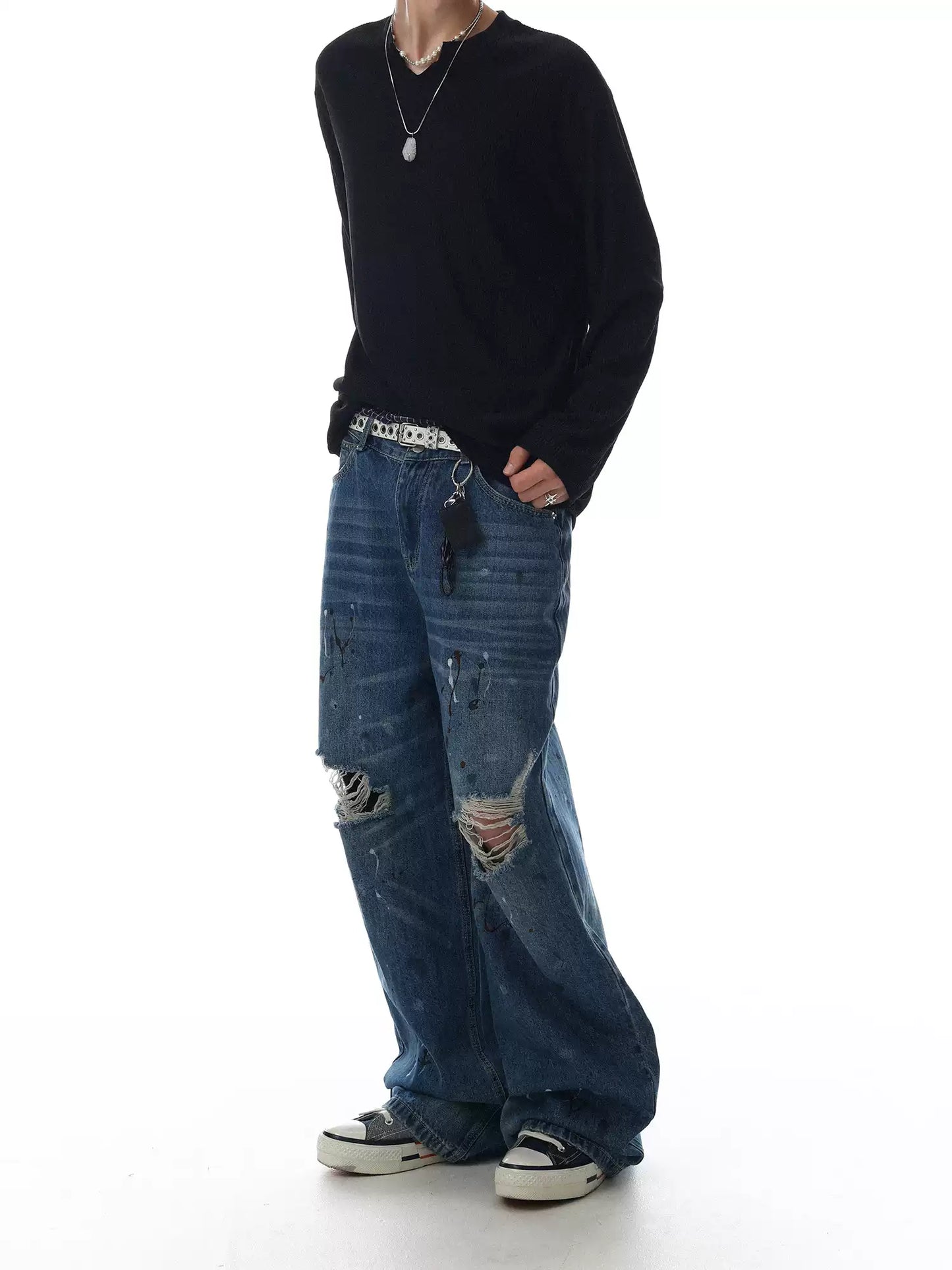 Distressed Straight-Leg Denim Pants