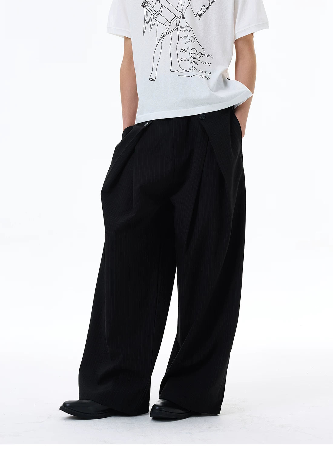 Wrinkled Design Button Casual Striped Trousers