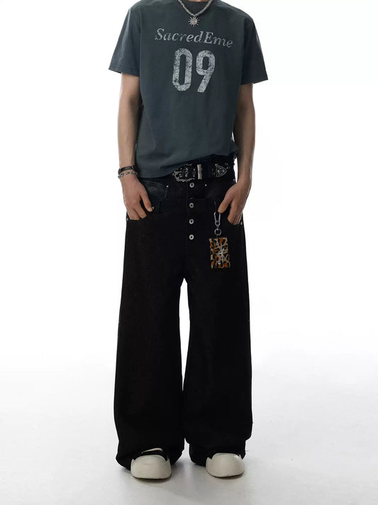 Vintage-Inspired Wide-Leg Denim Pants with Button Detail