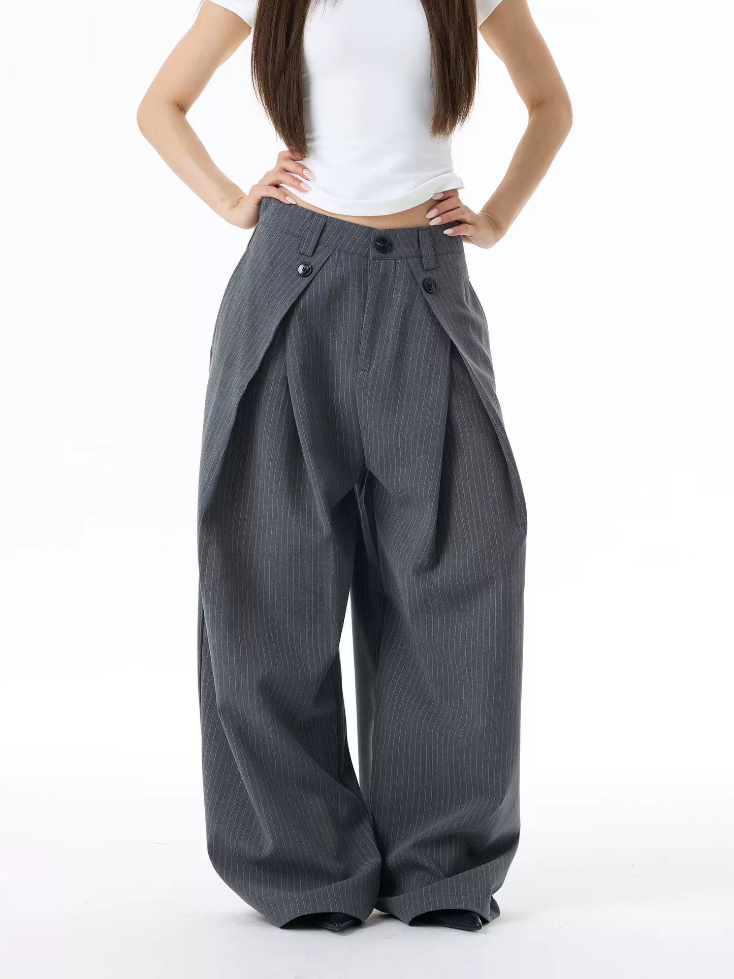 Wrinkled Design Button Casual Striped Trousers
