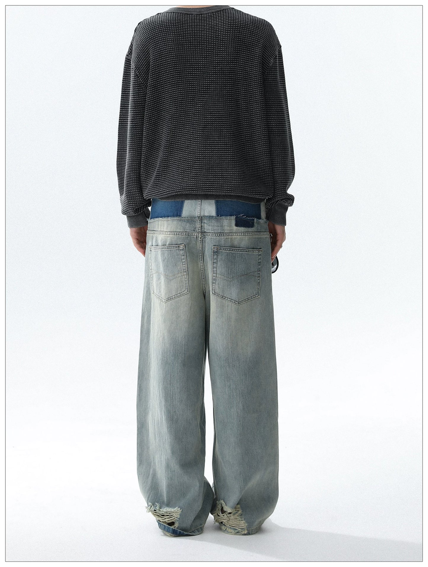 Double Layer Distressed Denim Wide-Leg Pants